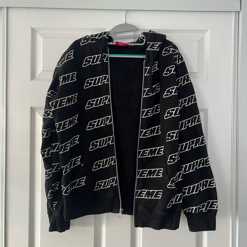 Authentic Supreme Logo Repeat Black Zip Up Hoodie